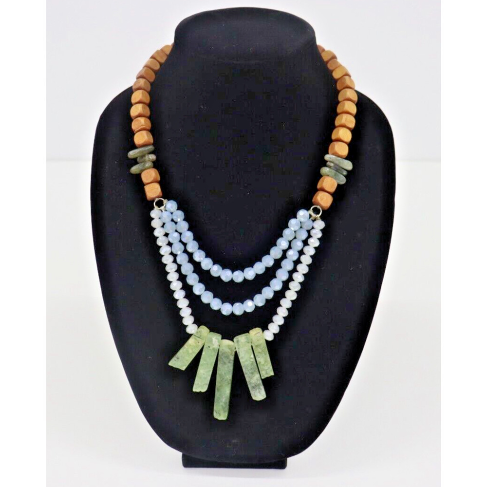 Art to Wear Necklace Wooden Bead, Crystal Beads, Genuine Stones Lagenlook Beachy
